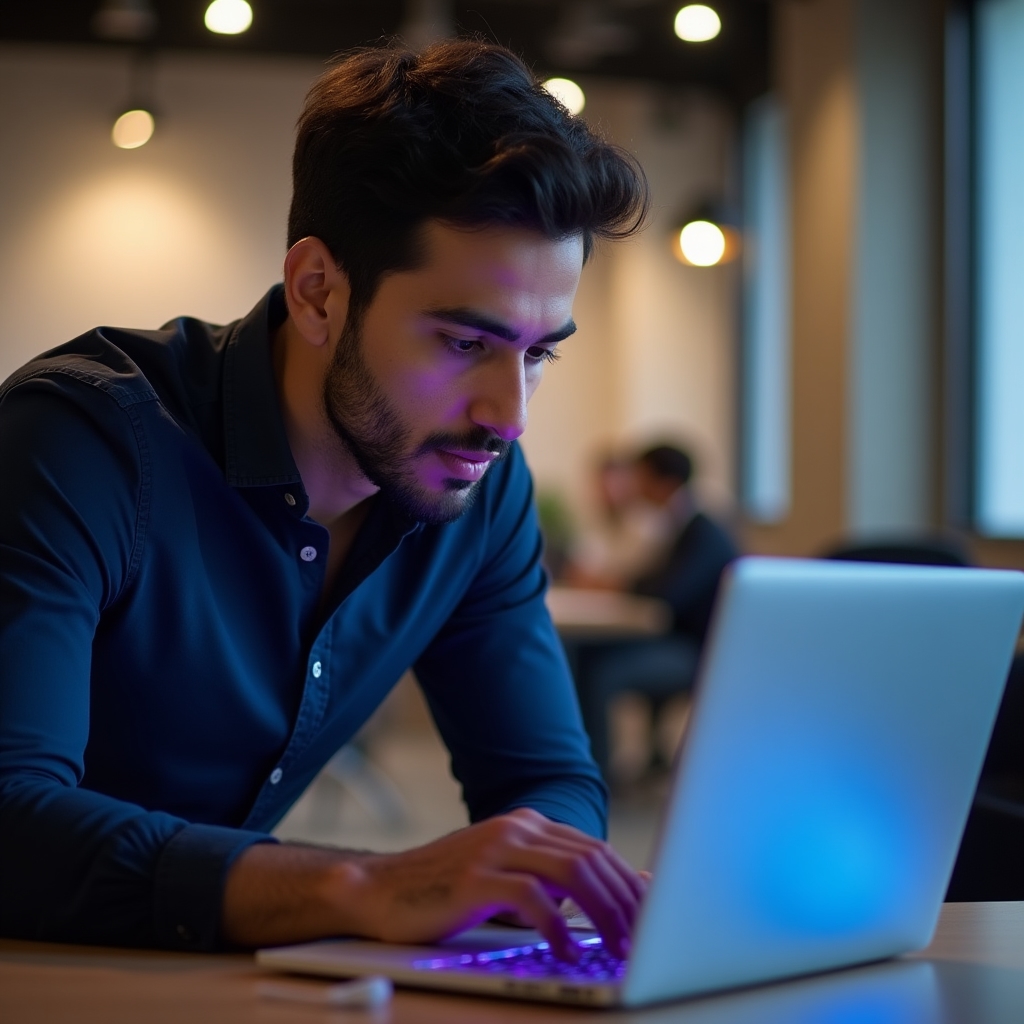 Dezvoltator concentrat lucrând la laptop în birou modern de startup
