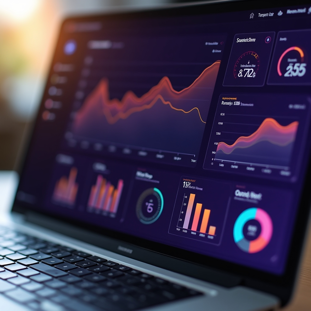 Grafice KPI clare și colorate pe un ecran de laptop, vizualizare modernă de date