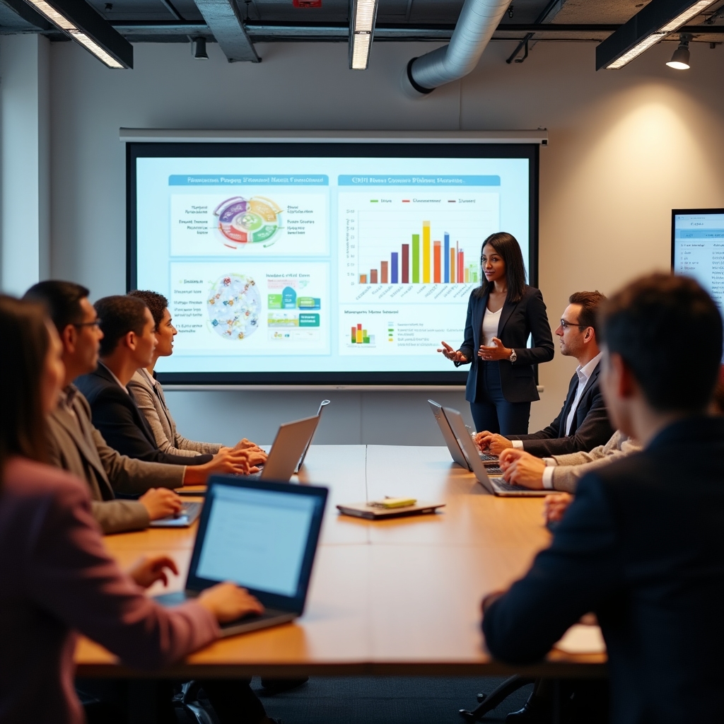 Workshop de formare KPI cu participanți în fața unui ecran cu grafice de performanță